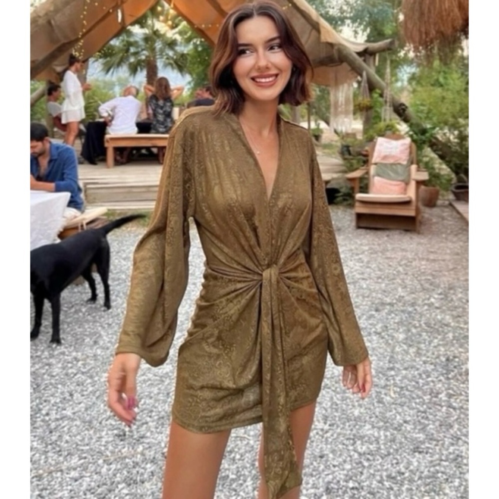 Zara Knotted Jacquard Dress in Olive Green - Size Medium